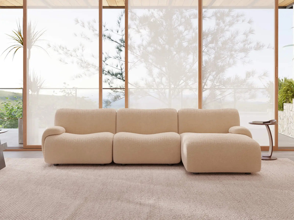 Teddy Fleece 3-Seater Sand Small Space L-Shaped Sectional | 3-Piece, Modular Design, Fixed Upholstery, Low Pillow Arm