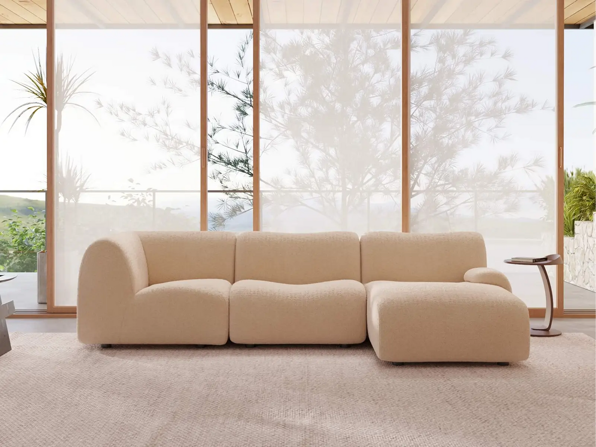 Teddy Fleece 3-Seater Sand Small Space L-Shaped Sectional | 3-Piece, Modular Design, Fixed Upholstery, Low Pillow Arm