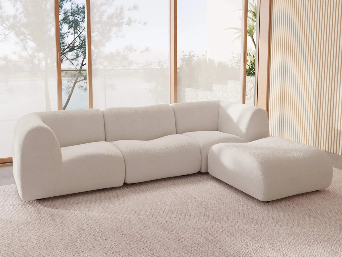 Teddy Fleece 3-Seater White Large Space L-Shaped Sectional | 4-Piece (Includes 1 Ottoman), Modular Design, Fixed Upholstery, Low Pillow Arm