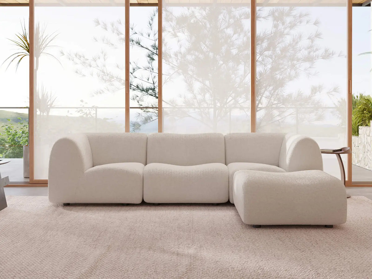 Teddy Fleece 3-Seater White Large Space L-Shaped Sectional | 4-Piece (Includes 1 Ottoman), Modular Design, Fixed Upholstery, Low Pillow Arm