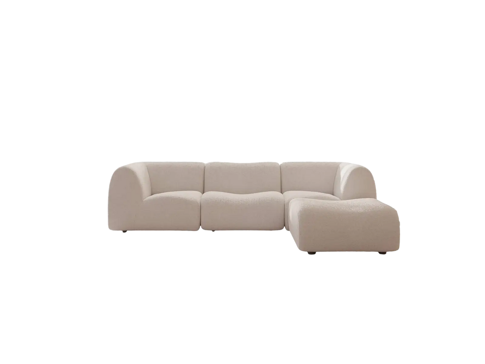 Teddy Fleece 3-Seater White Large Space L-Shaped Sectional | 4-Piece (Includes 1 Ottoman), Modular Design, Fixed Upholstery, Low Pillow Arm