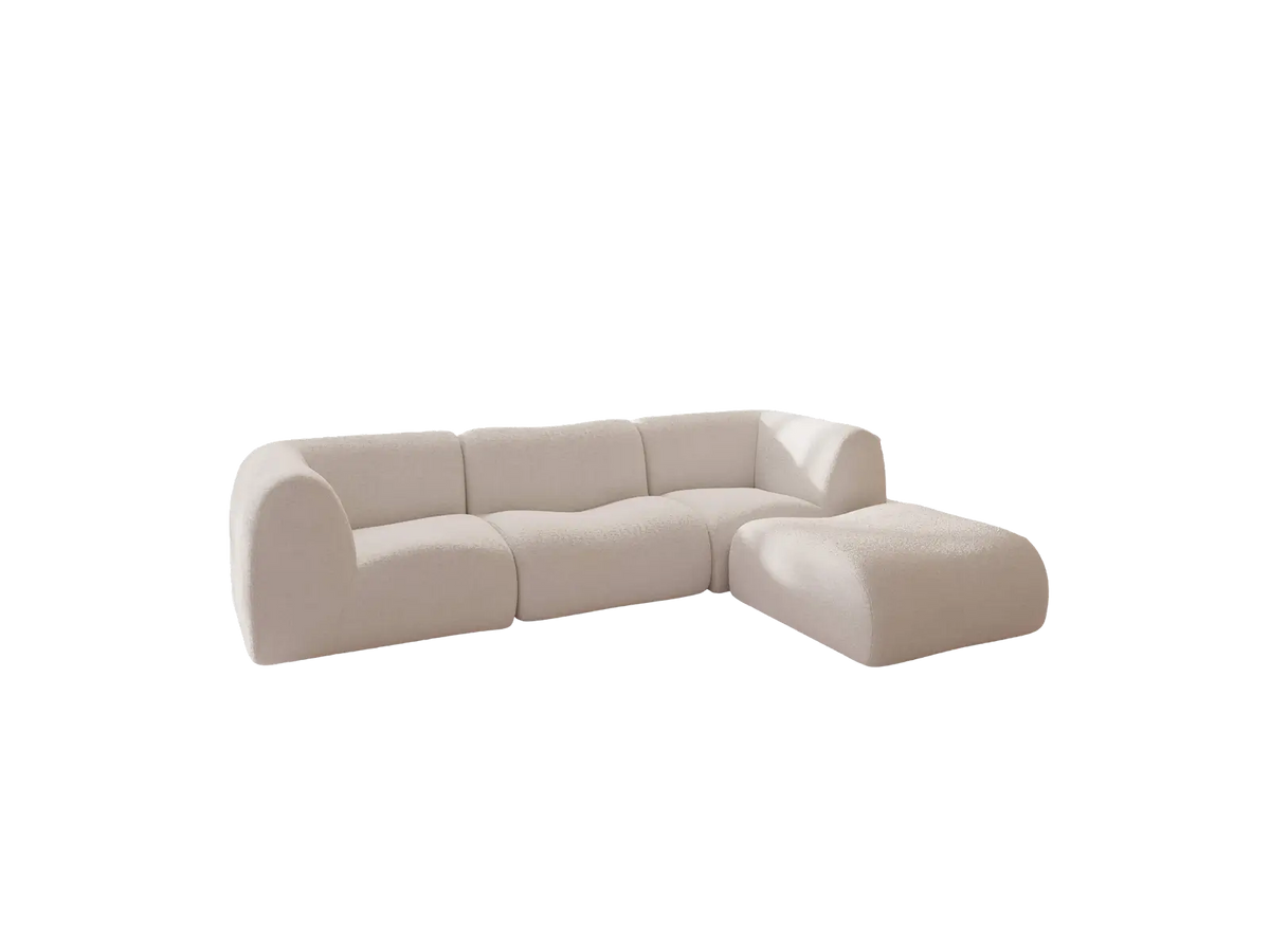 Teddy Fleece 3-Seater White Large Space L-Shaped Sectional | 4-Piece (Includes 1 Ottoman), Modular Design, Fixed Upholstery, Low Pillow Arm