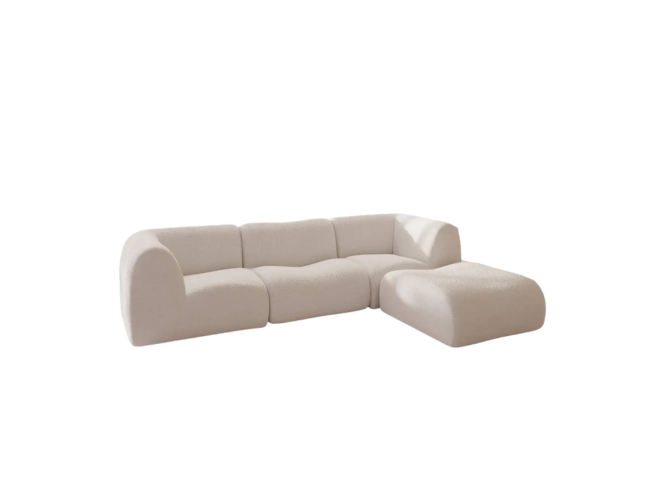 Teddy Fleece 3-Seater White Large Space L-Shaped Sectional | 4-Piece (Includes 1 Ottoman), Modular Design, Fixed Upholstery, Low Pillow Arm