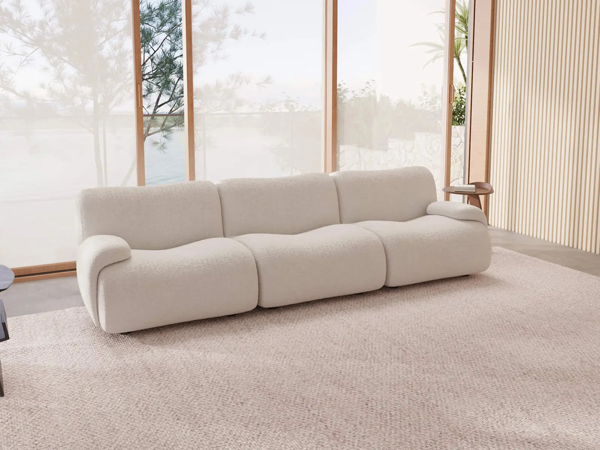 Teddy Fleece 3-Seater White Small Space Couch Sectional | 3-Piece, Modular Design, Fixed Upholstery, Low Pillow Arm