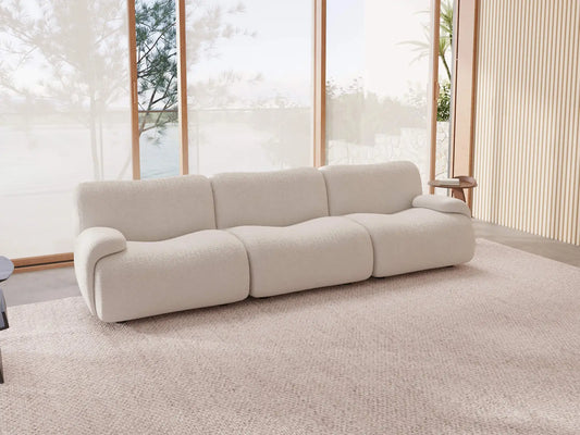 Teddy Fleece 3-Seater White Small Space Couch Sectional | 3-Piece, Modular Design, Fixed Upholstery, Low Pillow Arm