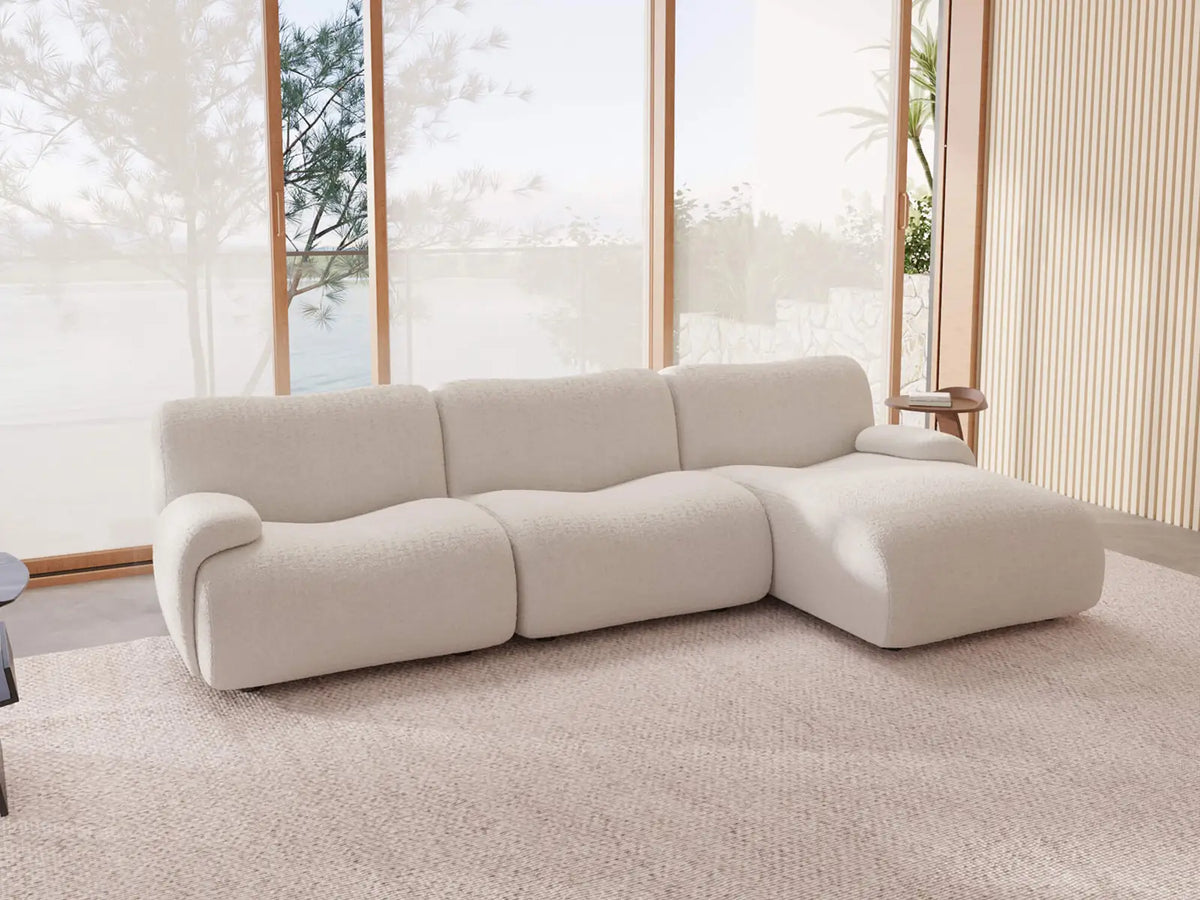 Teddy Fleece 3-Seater White Small Space L-Shaped Sectional | 3-Piece, Modular Design, Fixed Upholstery, Low Pillow Arm