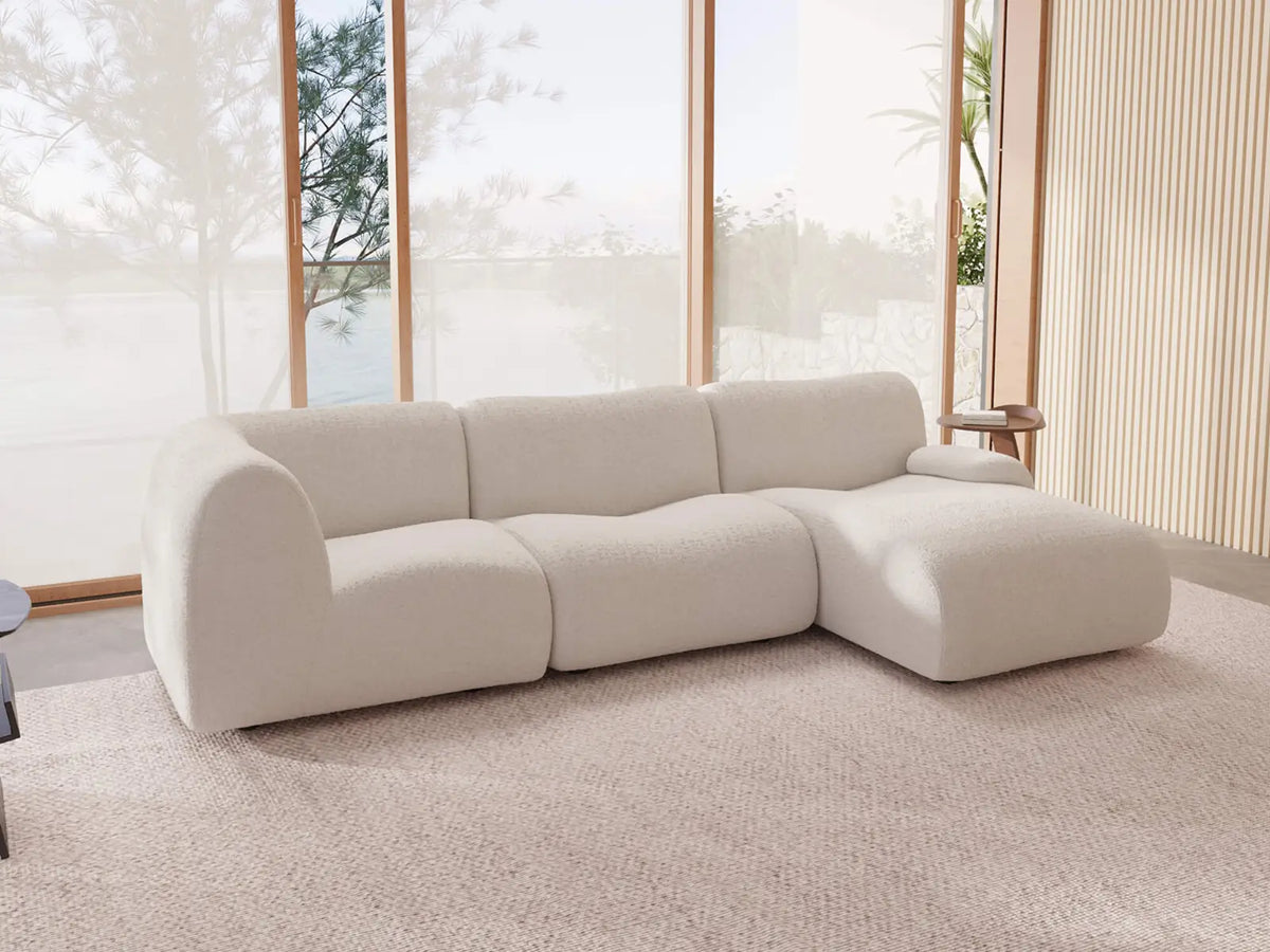 Teddy Fleece 3-Seater White Small Space L-Shaped Sectional | 3-Piece, Modular Design, Fixed Upholstery, Low Pillow Arm
