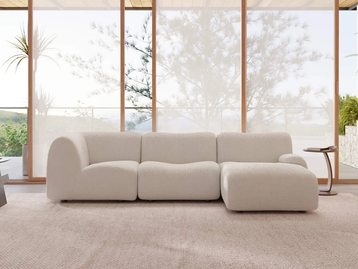 Teddy Fleece 3-Seater White Small Space L-Shaped Sectional | 3-Piece, Modular Design, Fixed Upholstery, Low Pillow Arm