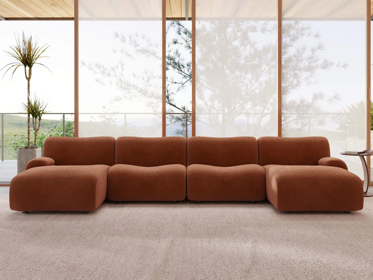 Teddy Fleece 4-Seater Rust Red Large Space U-Shaped Sectional | 4-Piece, Modular Design, Fixed Upholstery, Low Pillow Arm