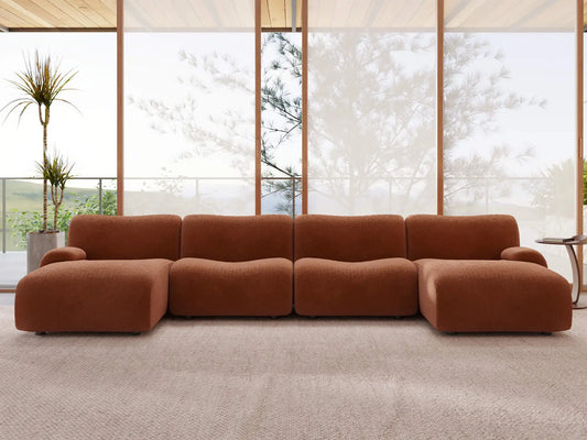 Teddy Fleece 4-Seater Rust Red Large Space U-Shaped Sectional | 4-Piece, Modular Design, Fixed Upholstery, Low Pillow Arm