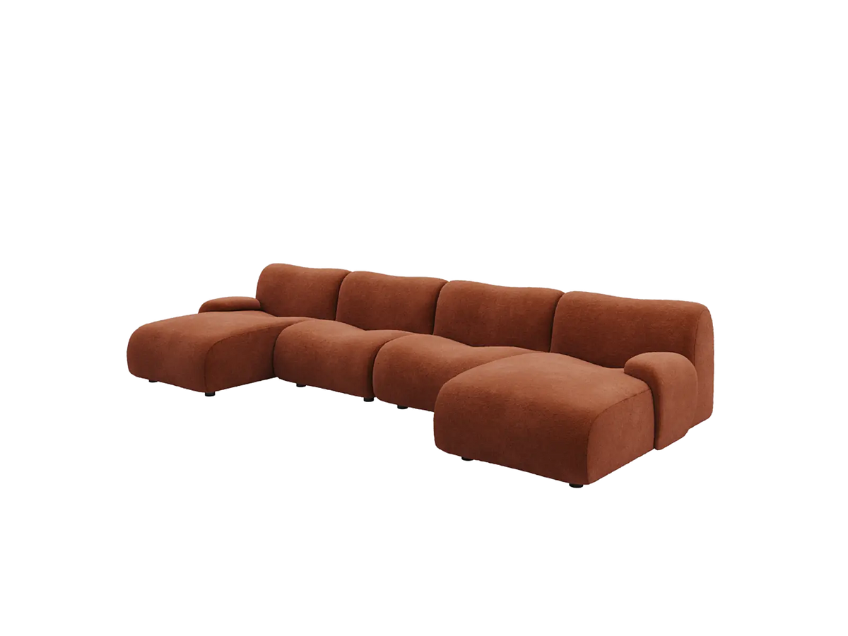 Teddy Fleece 4-Seater Rust Red Large Space U-Shaped Sectional | 4-Piece, Modular Design, Fixed Upholstery, Low Pillow Arm