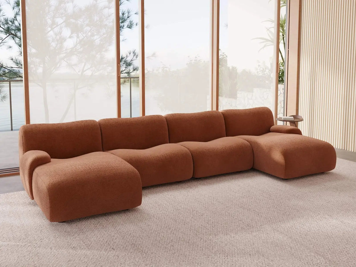 Teddy Fleece 4-Seater Rust Red Large Space U-Shaped Sectional | 4-Piece, Modular Design, Fixed Upholstery, Low Pillow Arm
