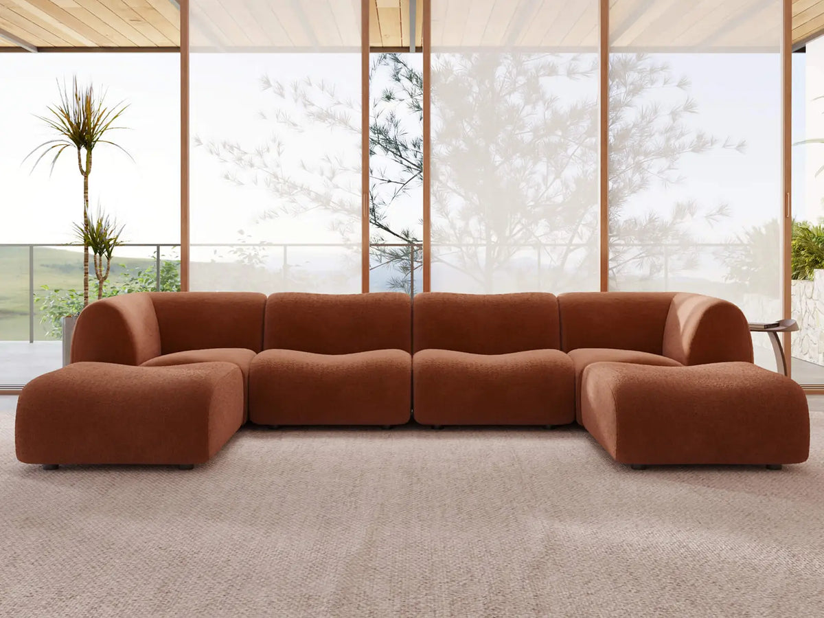 Teddy Fleece 4-Seater Rust Red Large Space U-Shaped Sectional | 6-Piece (Includes 2 Ottomans), Modular Design, Fixed Upholstery, Low Pillow Arm