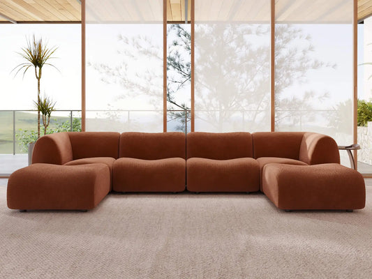 Teddy Fleece 4-Seater Rust Red Large Space U-Shaped Sectional | 6-Piece (Includes 2 Ottomans), Modular Design, Fixed Upholstery, Low Pillow Arm