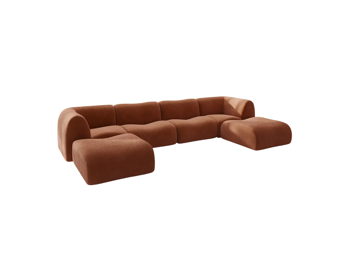 Teddy Fleece 4-Seater Rust Red Large Space U-Shaped Sectional | 6-Piece (Includes 2 Ottomans), Modular Design, Fixed Upholstery, Low Pillow Arm