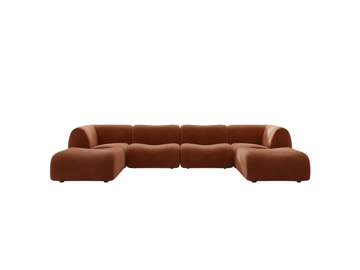 Teddy Fleece 4-Seater Rust Red Large Space U-Shaped Sectional | 6-Piece (Includes 2 Ottomans), Modular Design, Fixed Upholstery, Low Pillow Arm