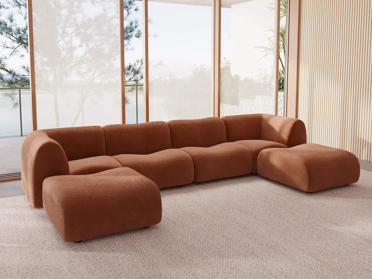 Teddy Fleece 4-Seater Rust Red Large Space U-Shaped Sectional | 6-Piece (Includes 2 Ottomans), Modular Design, Fixed Upholstery, Low Pillow Arm