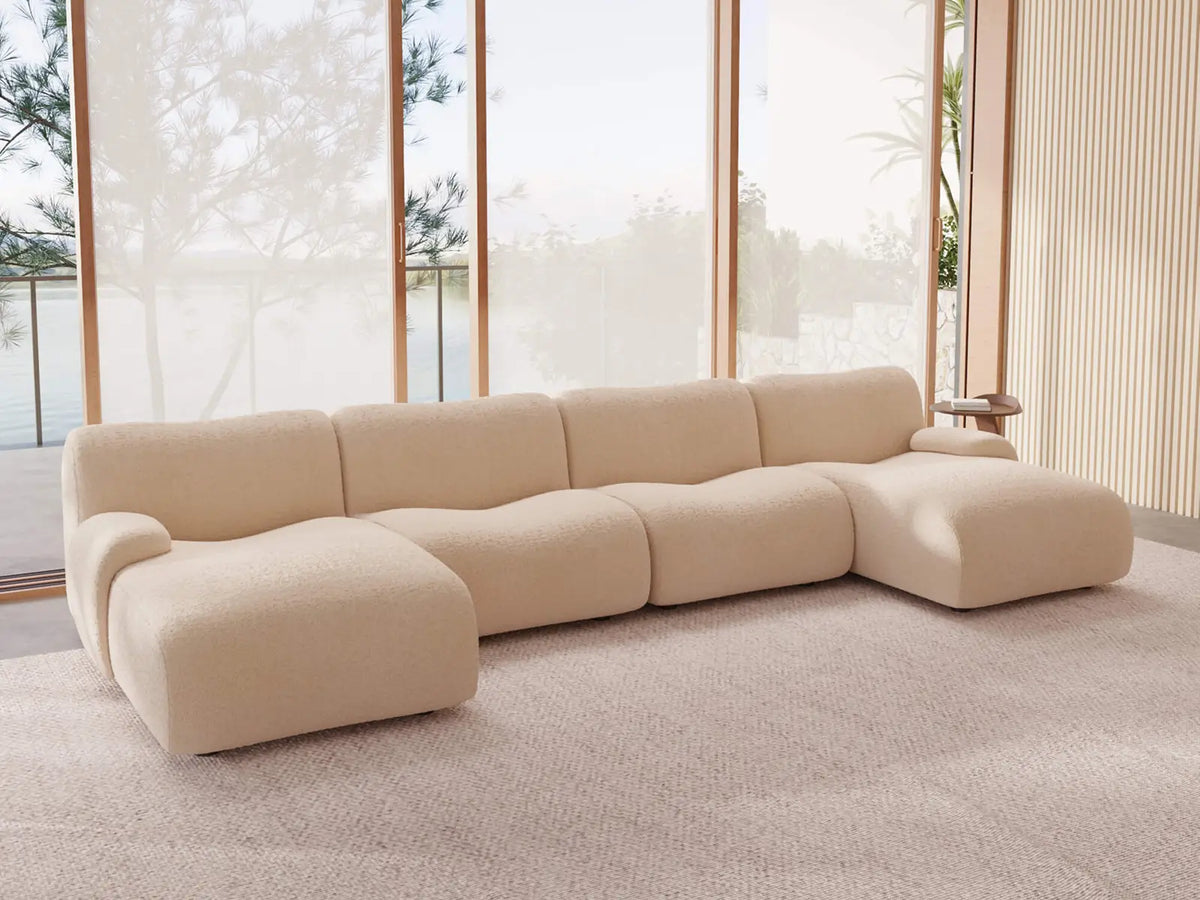 Teddy Fleece 4-Seater Sand Large Space U-Shaped Sectional | 4-Piece, Modular Design, Fixed Upholstery, Low Pillow Arm