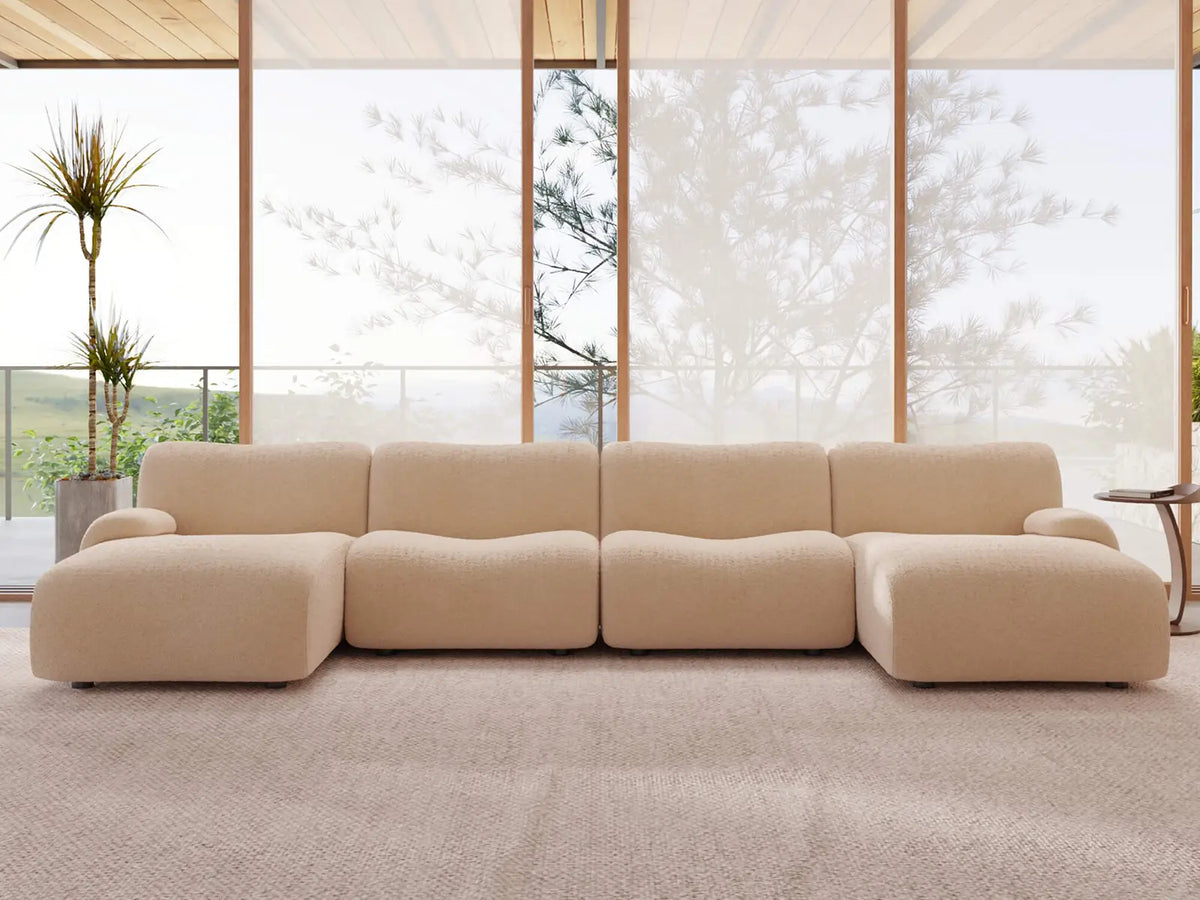 Teddy Fleece 4-Seater Sand Large Space U-Shaped Sectional | 4-Piece, Modular Design, Fixed Upholstery, Low Pillow Arm