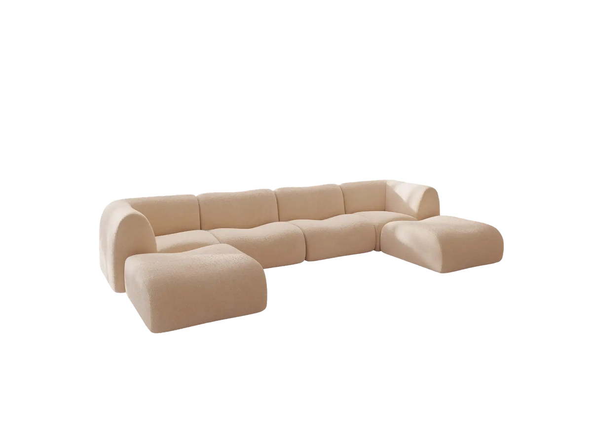Teddy Fleece 4-Seater Sand Large Space U-Shaped Sectional | 6-Piece (Includes 2 Ottomans), Modular Design, Fixed Upholstery, Low Pillow Arm
