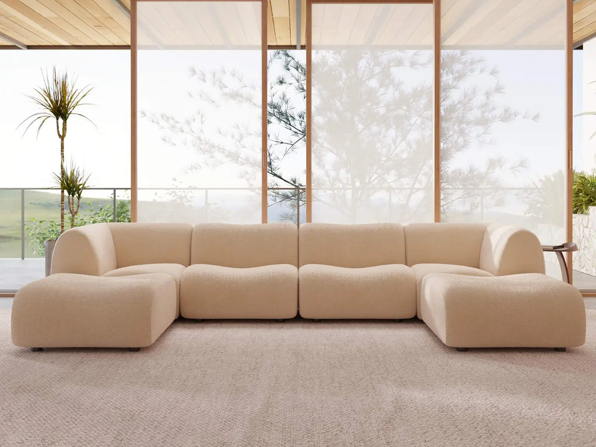Teddy Fleece 4-Seater Sand Large Space U-Shaped Sectional | 6-Piece (Includes 2 Ottomans), Modular Design, Fixed Upholstery, Low Pillow Arm