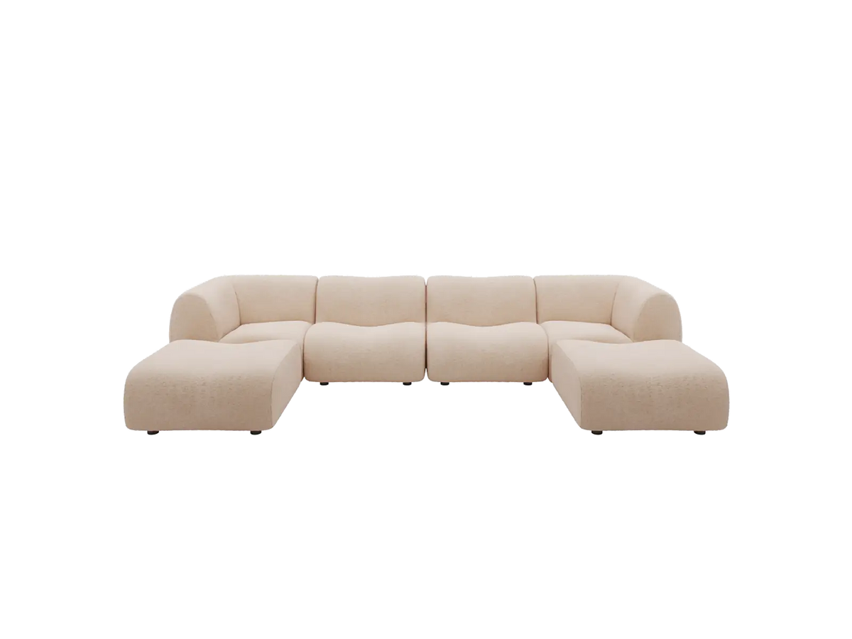 Teddy Fleece 4-Seater Sand Large Space U-Shaped Sectional | 6-Piece (Includes 2 Ottomans), Modular Design, Fixed Upholstery, Low Pillow Arm