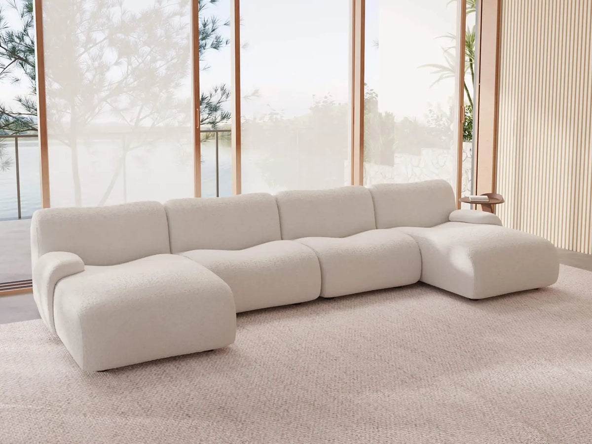 Teddy Fleece 4-Seater White Large Space U-Shaped Sectional | 4-Piece, Modular Design, Fixed Upholstery, Low Pillow Arm