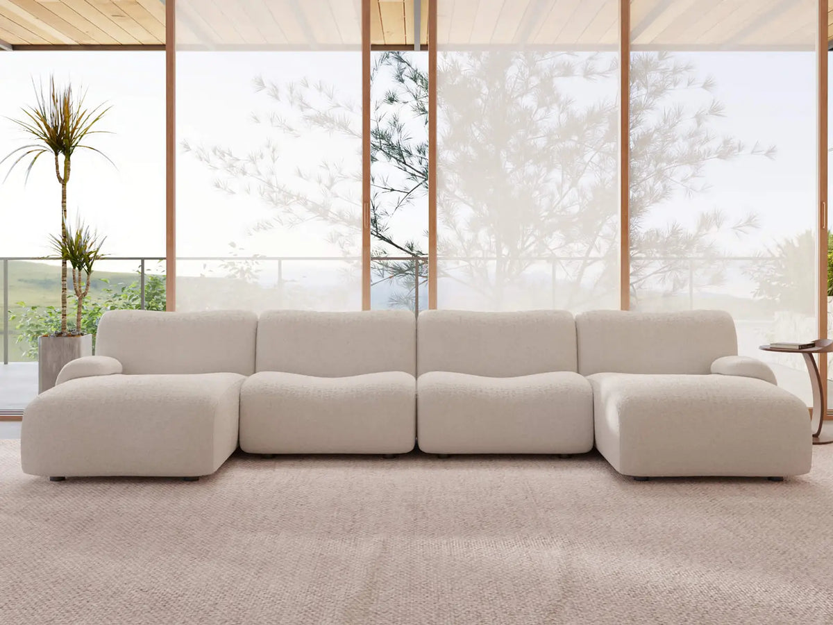 Teddy Fleece 4-Seater White Large Space U-Shaped Sectional | 4-Piece, Modular Design, Fixed Upholstery, Low Pillow Arm