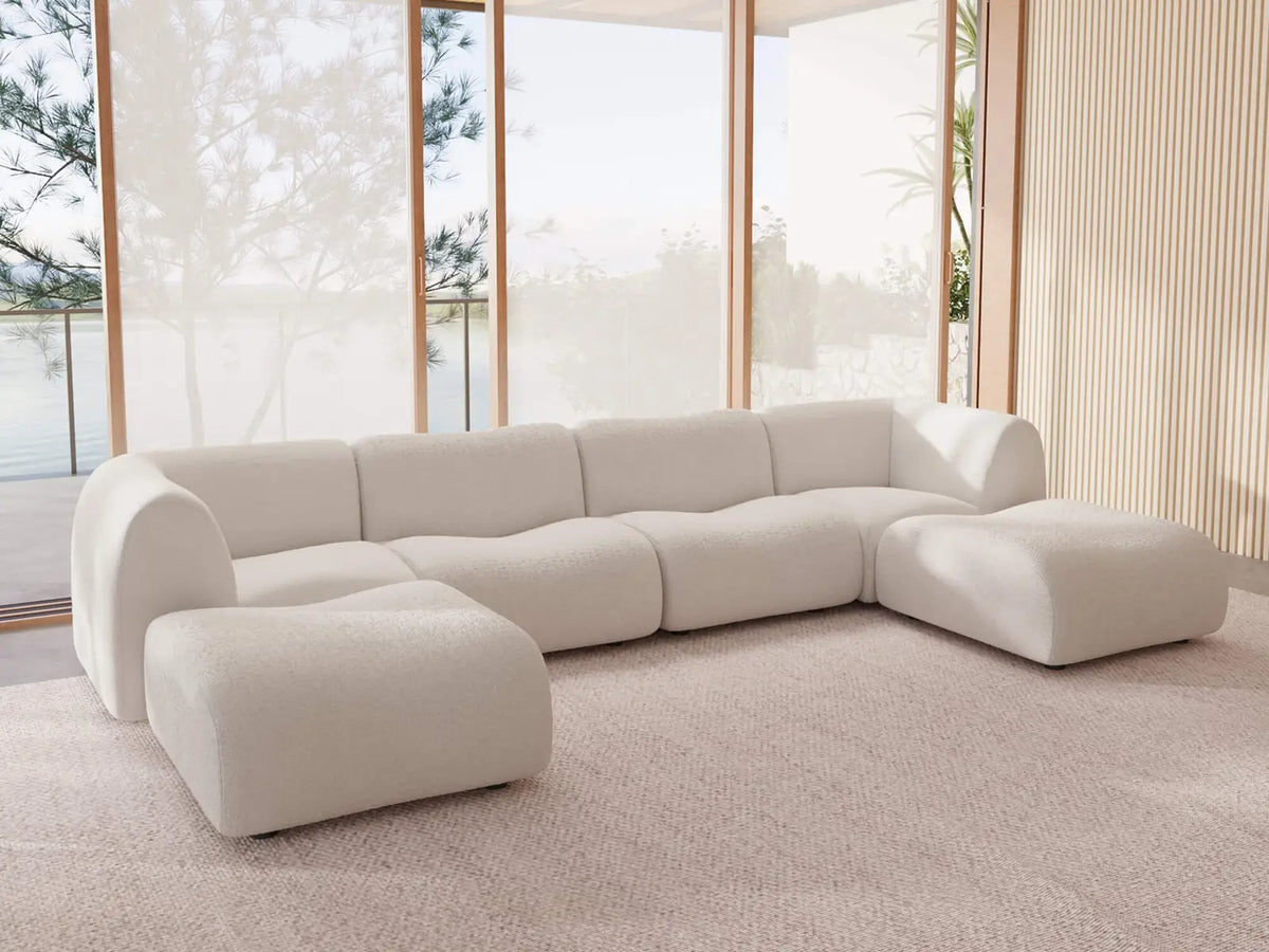 Teddy Fleece 4-Seater White Large Space U-Shaped Sectional | 6-Piece (Includes 2 Ottomans), Modular Design, Fixed Upholstery, Low Pillow Arm