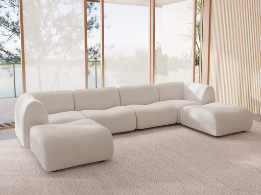 Teddy Fleece 4-Seater White Large Space U-Shaped Sectional | 6-Piece (Includes 2 Ottomans), Modular Design, Fixed Upholstery, Low Pillow Arm