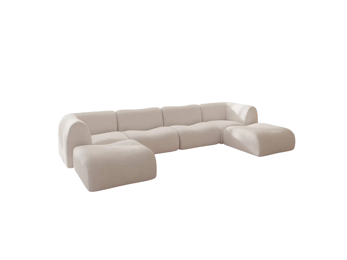 Teddy Fleece 4-Seater White Large Space U-Shaped Sectional | 6-Piece (Includes 2 Ottomans), Modular Design, Fixed Upholstery, Low Pillow Arm