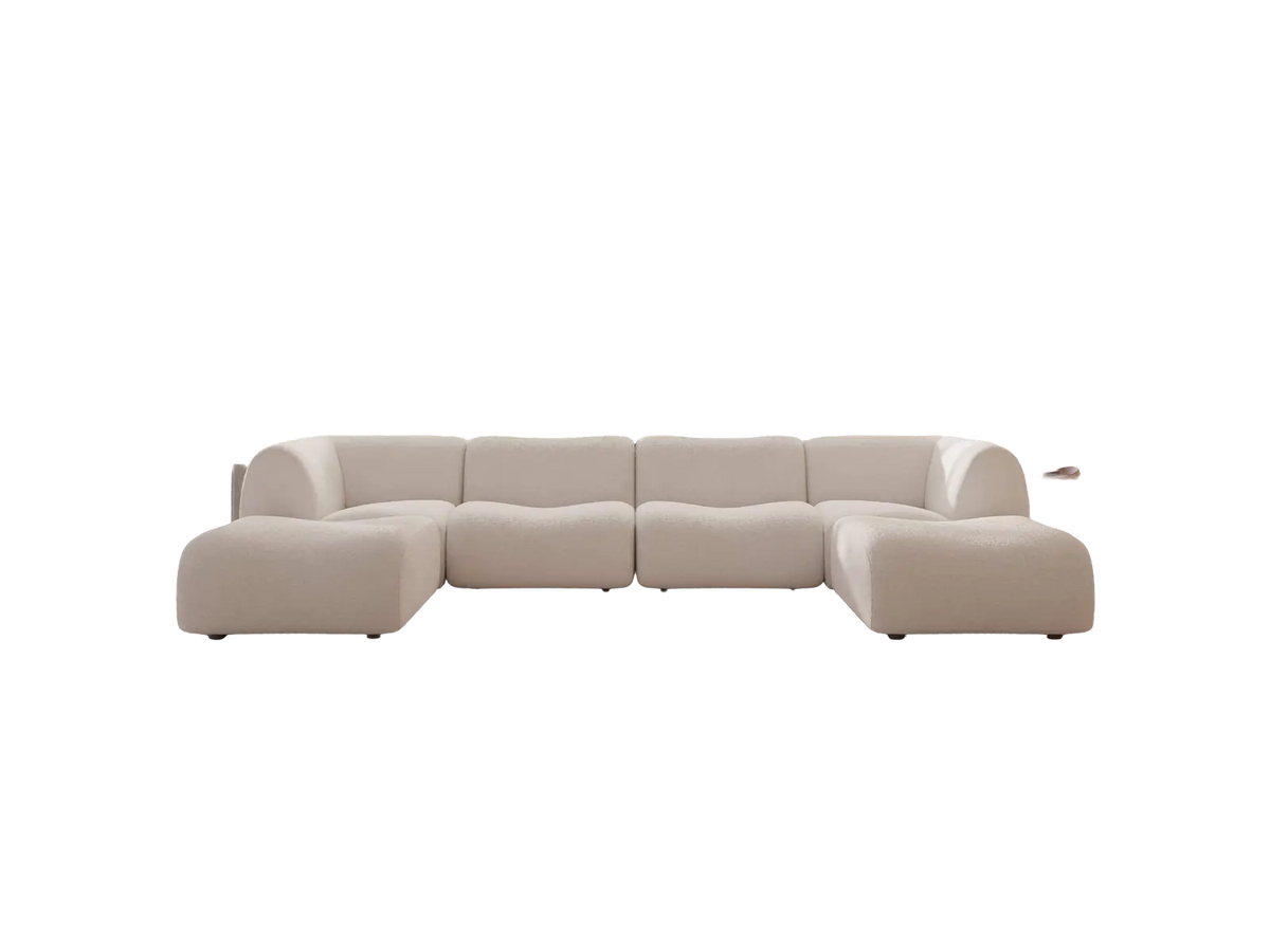 Teddy Fleece 4-Seater White Large Space U-Shaped Sectional | 6-Piece (Includes 2 Ottomans), Modular Design, Fixed Upholstery, Low Pillow Arm