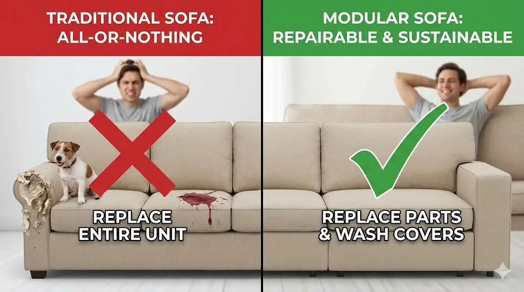 The comparison between traditional sofa and modualr sofas. Features for repairable and sustainable