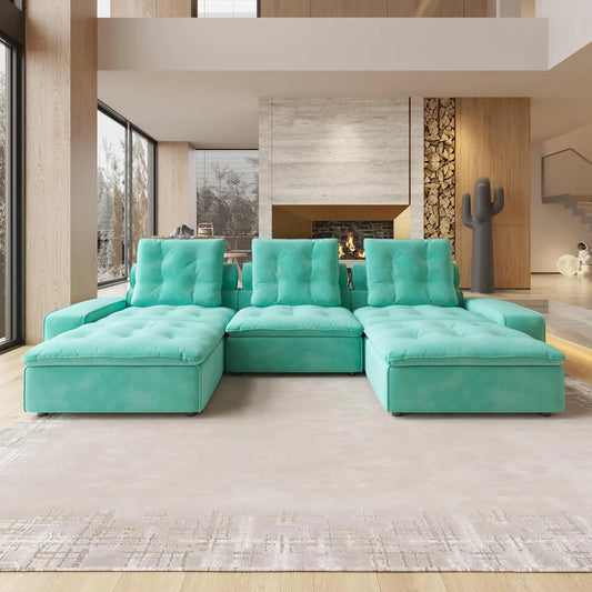 Deluxe Adjustable Cloud Sectional Sofas | Tiffany Blue Frosted Velvet Couch Sectionals 3-seaters