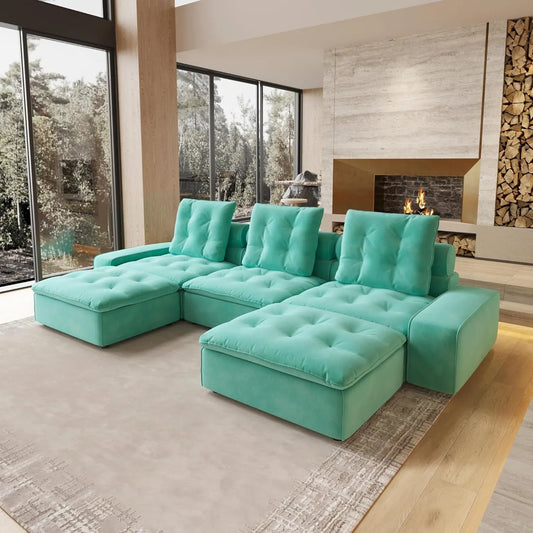 Deluxe Adjustable Cloud Sectional Sofas | Tiffany Blue Frosted Velvet Couch Sectionals 3-seaters