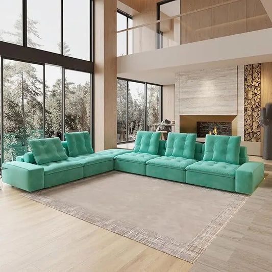 Deluxe Adjustable Cloud Sectional Sofas | Tiffany Blue Frosted Velvet Couch Sectionals 5-seaters with 1 Ottoman