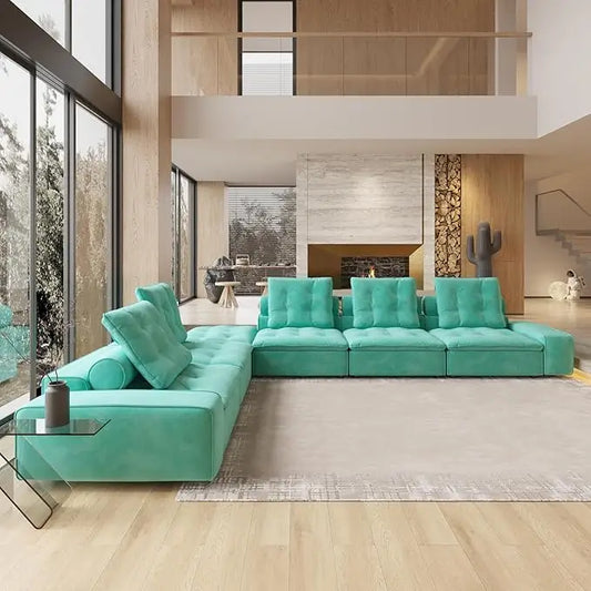 Deluxe Adjustable Cloud Sectional Sofas | Tiffany Blue Frosted Velvet Couch Sectionals 5-seaters with 1 Ottoman