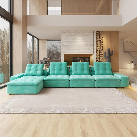 Deluxe Adjustable Cloud Sectional Sofas | Tiffany Blue Frosted Velvet L shaped Sectionals 4-seaters with 1 Ottoman