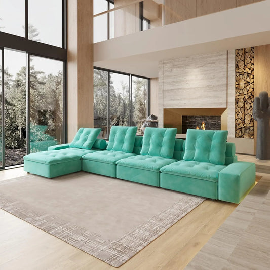 Deluxe Adjustable Cloud Sectional Sofas | Tiffany Blue Frosted Velvet L shaped Sectionals 4-seaters with 1 Ottoman