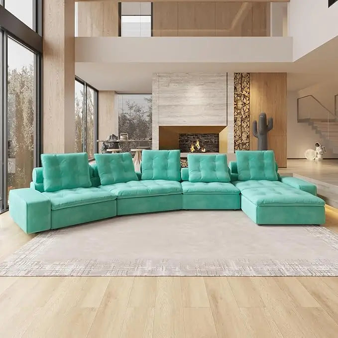 Deluxe Adjustable Cloud Sectional Sofas | 5-Piece Tiffany Blue Frosted Velvet L-Shaped Sectionals 5-Seater