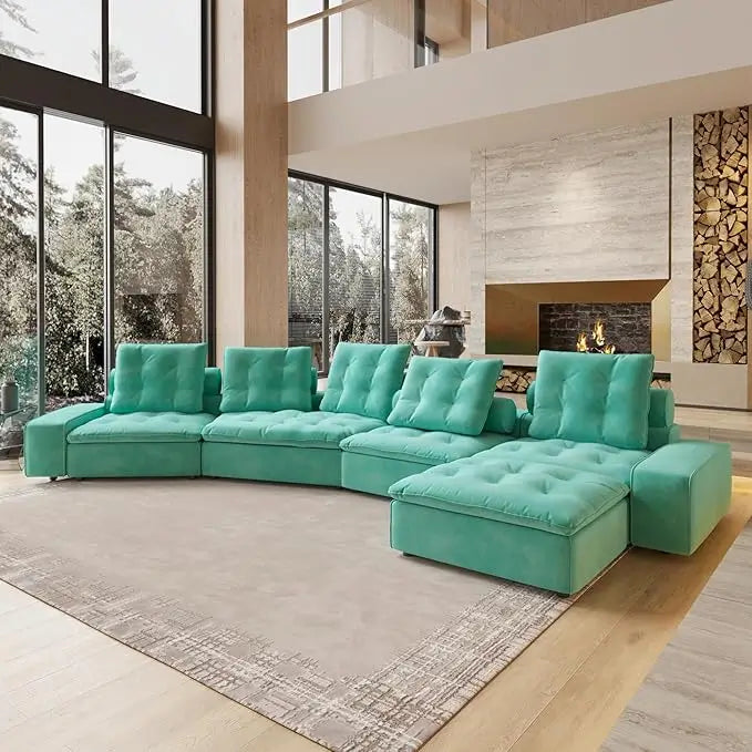Deluxe Adjustable Cloud Sectional Sofas | 5-Piece Tiffany Blue Frosted Velvet L-Shaped Sectionals 5-Seater