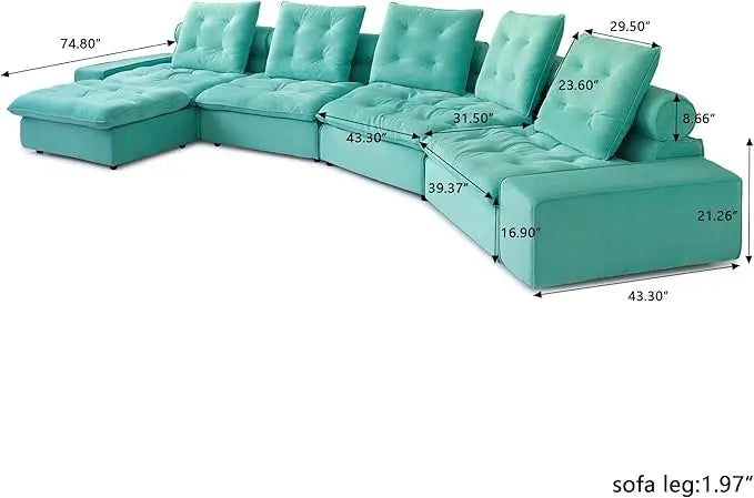 Deluxe Adjustable Cloud Sectional Sofas | 5-Piece Tiffany Blue Frosted Velvet L-Shaped Sectionals 5-Seater