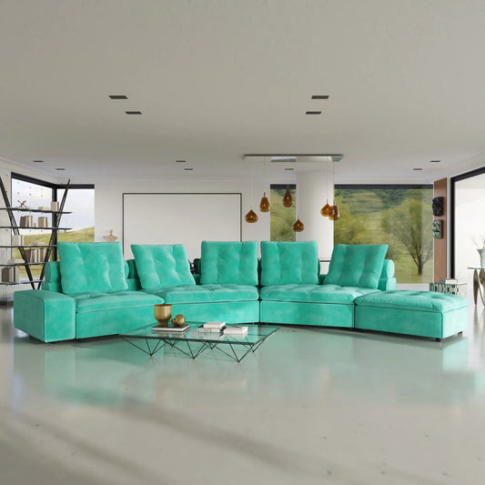 Deluxe Adjustable Cloud Sectional Sofas | Tiffany Blue Frosted Velvet U shaped Sectionals 5-seaters with 1 Ottoman