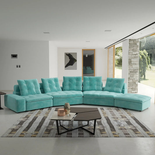 Deluxe Adjustable Cloud Sectional Sofas | Tiffany Blue Frosted Velvet U shaped Sectionals 5-seaters with 1 Ottoman