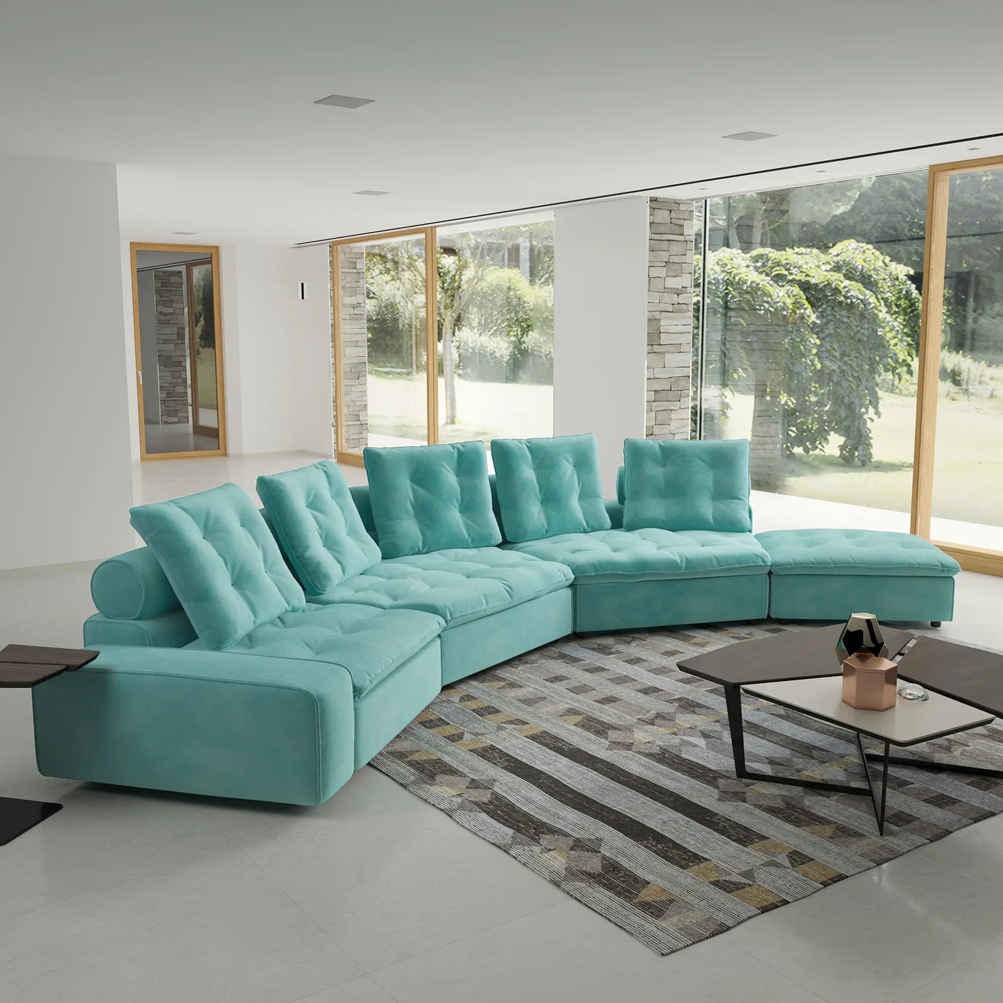 Deluxe Adjustable Cloud Sectional Sofas | Tiffany Blue Frosted Velvet U shaped Sectionals 5-seaters with 1 Ottoman