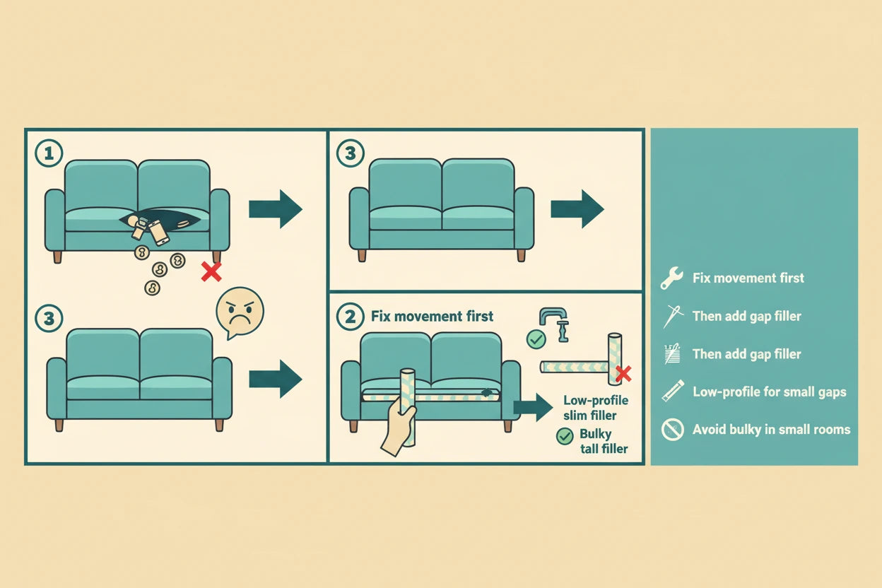Use a Sectional Couch Gap Filler After Fixing Movement to keep sectional sofa together