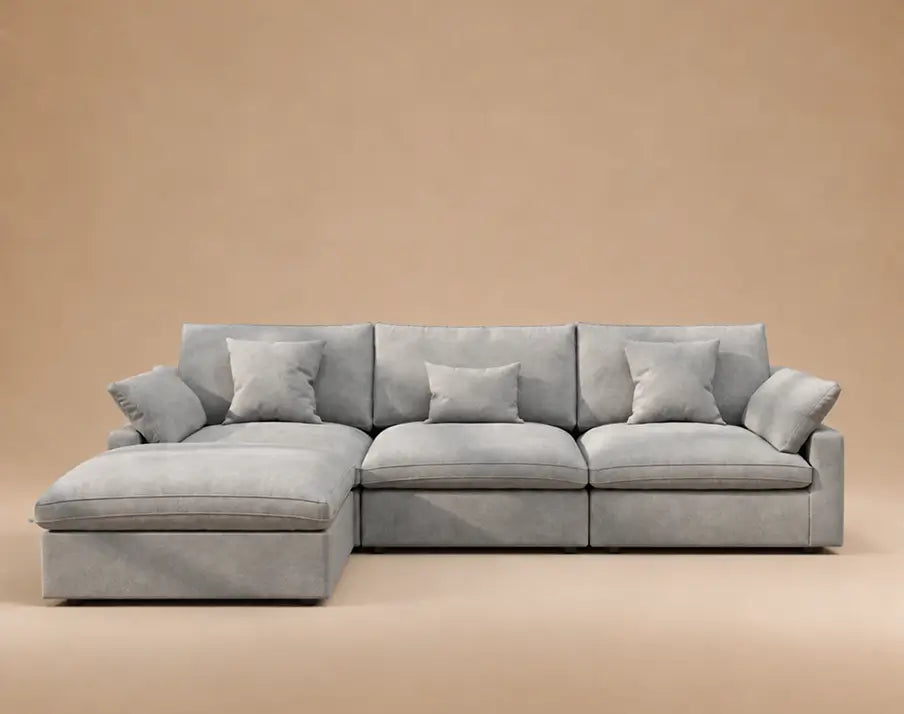 Deluxe Cloud 3-Seater Light-Grey Washable L-Shaped Sectional | 4-Piece (includes 1 Ottoman), Chenille and Linen Fabric, Modular Design