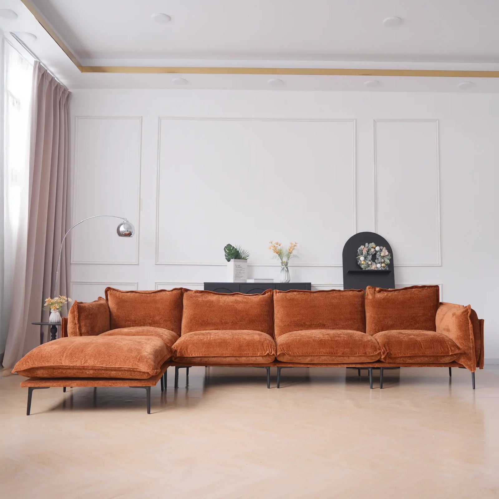 Sofá modular en forma de L Deluxe Cloud de 4 plazas, color naranja | 5 piezas (incluye 1 otomana), tapizado en terciopelo, diseño espacioso.
