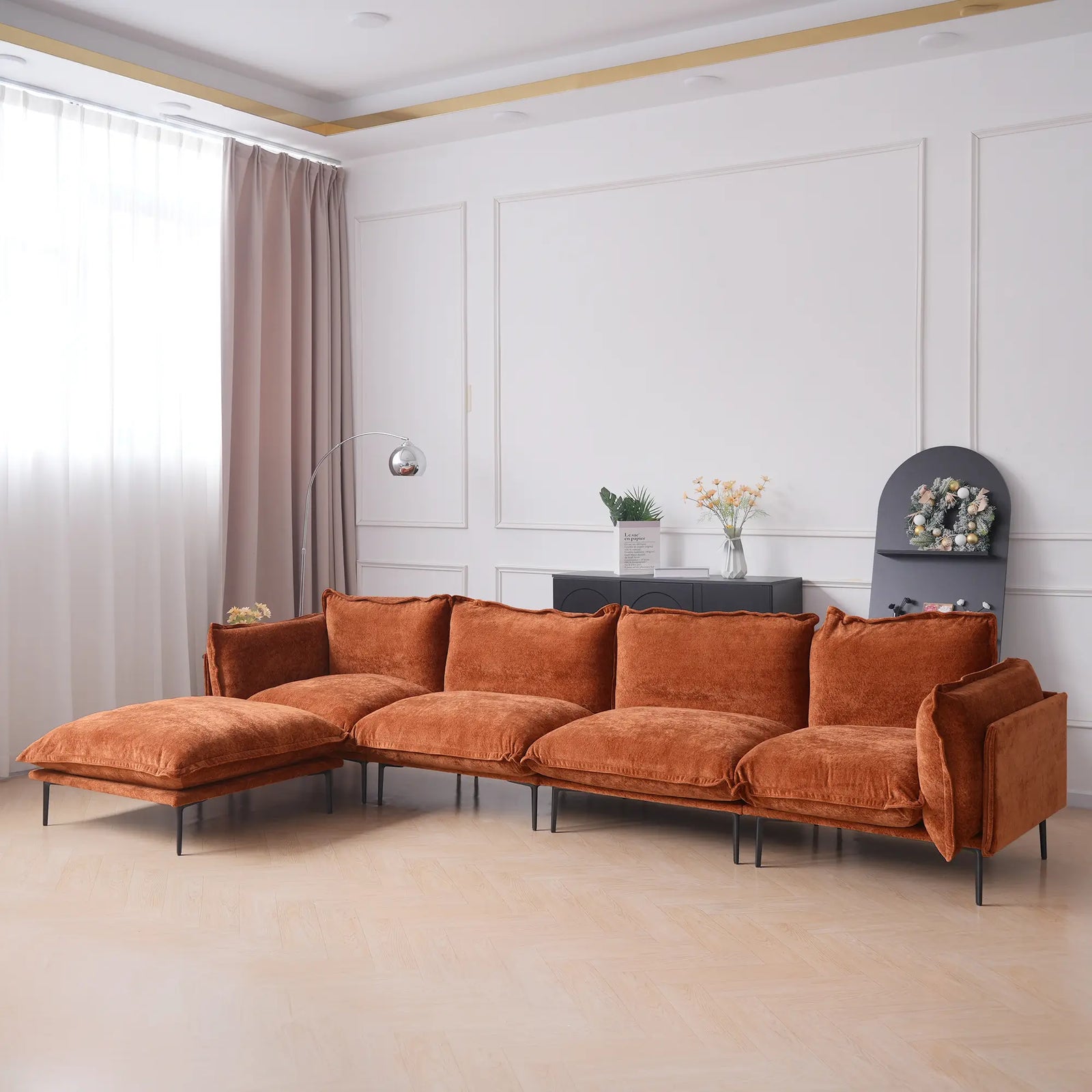 Sofá modular en forma de L Deluxe Cloud de 4 plazas, color naranja | 5 piezas (incluye 1 otomana), tapizado en terciopelo, diseño espacioso.