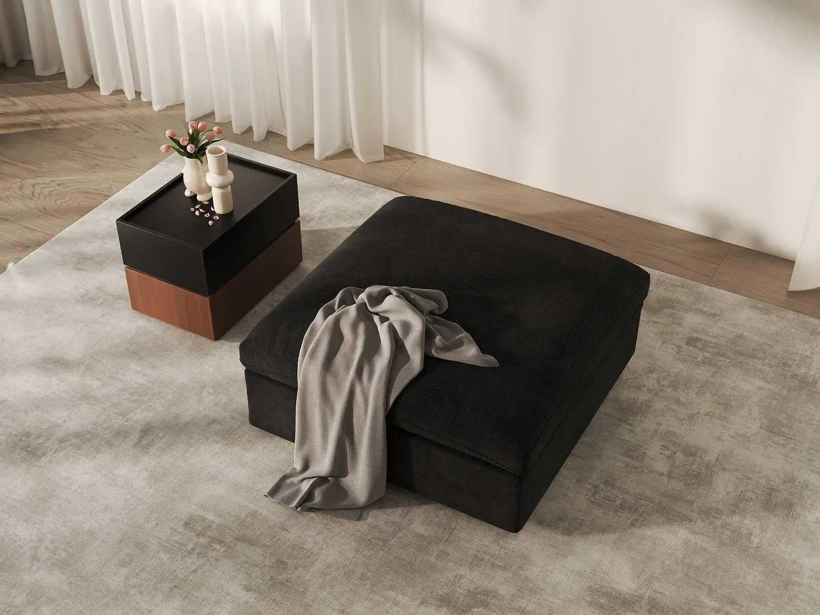 WJS Home 1 Piece Linen Black Ottomans 40 Modular Design 1 Seater_1